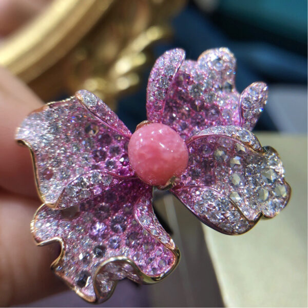 395#High jewelry Fashion Natural Cherry Blossom Powder Conch Pearl Hole Bead Ring Main Stone 2.572 Carat 18k Gold with Diamond HL - Image 6