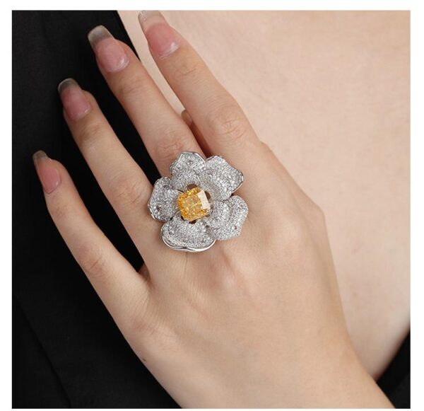 #167 Stylish and high-end floral design, square chamfered 10*10mm yellow ice flower cut high-carbon diamond ring - Image 12