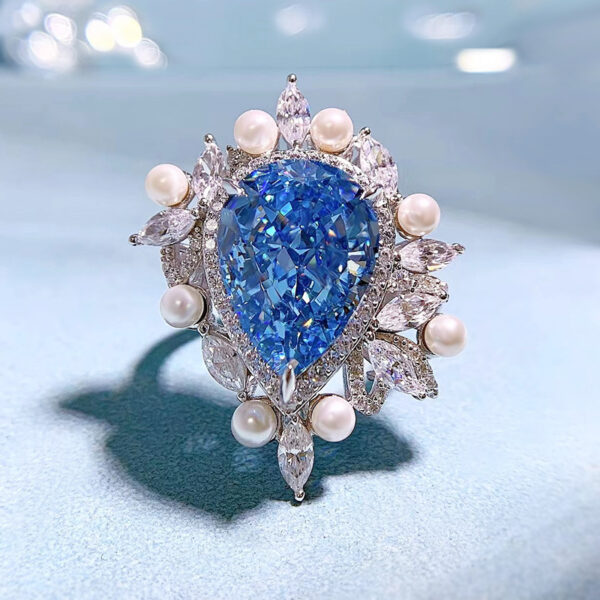 #287 S925 silver pear-shaped 11*15mm aquamarine high-carbon diamond-set pearl women's ring - Image 8