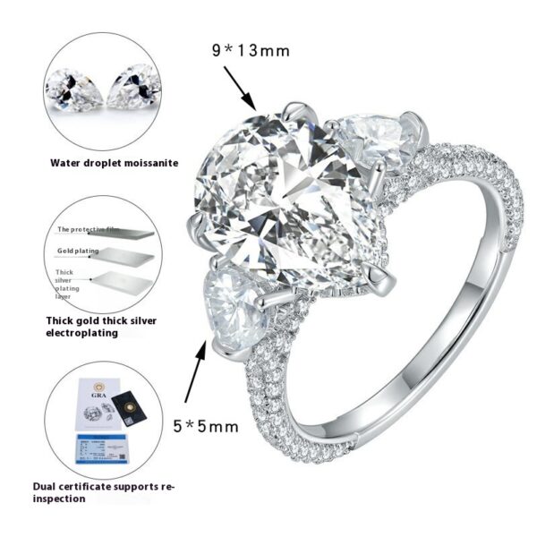 #154 S925 Silver Light Luxury, exquisite and high-end, 5-carat water drop grand set full Moissanite diamond ring - Image 5