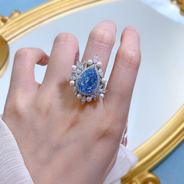 #287 S925 silver pear-shaped 11*15mm aquamarine high-carbon diamond-set pearl women's ring - Image 10