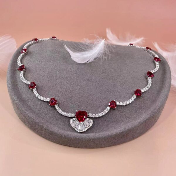 #133 S925 Silver light Luxury exquisite high-end feel 22ct cultivated ruby red heart necklace collarbone chain, 11ct ear studs - Image 4