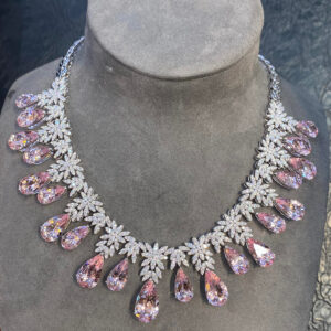 #366 Natural Cherry Blossom Pink Morganite Necklace - Main stone weighs approximately 60 carats. Set in 18k gold with diamonds. Comes with certificate.