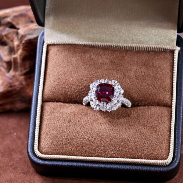 #136 S925 Silver Light Luxury Exquisite High-end 3-carat square cushion-shaped cultivated pigeon blood red gemstone ring - Image 8