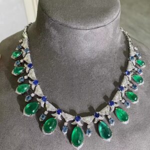 #210 Natural Emerald Necklace features a 41.09-carat 18k gold main stone set with diamonds and an international certificate