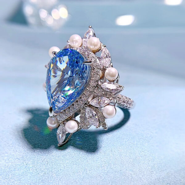 #287 S925 silver pear-shaped 11*15mm aquamarine high-carbon diamond-set pearl women's ring - Image 3