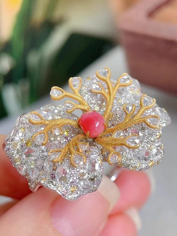 370#High end natural flamingo powder conch pearl hole bead ring with main stone of 0.96 carats, 18k gold with diamond, dys with jewelry certificate - Image 9