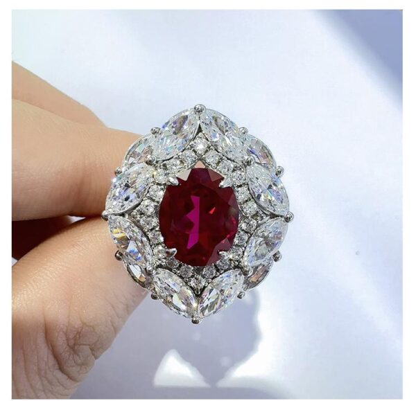 #208 S925 silver-gold plated laboratory-grown pigeon blood ruby oval-shaped 3-carat ring - Image 3