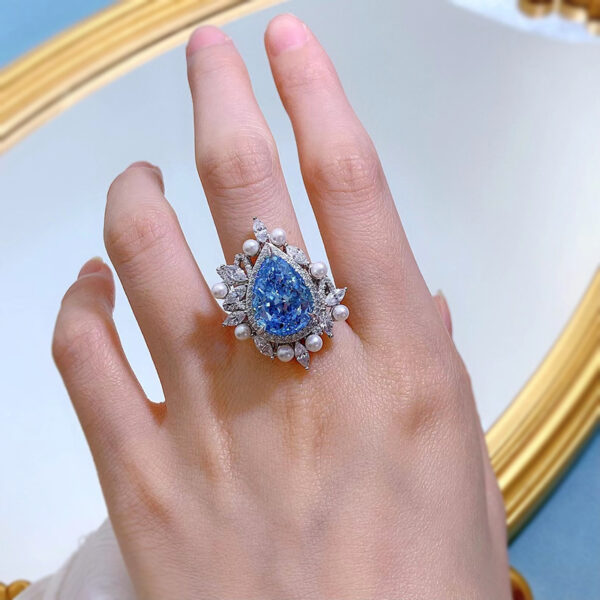 #287 S925 silver pear-shaped 11*15mm aquamarine high-carbon diamond-set pearl women's ring - Image 4