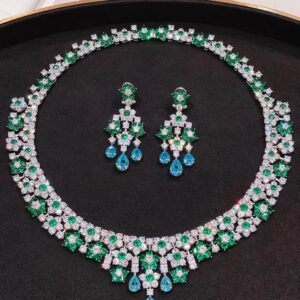 #207 S925 silver-gold Bohemian-style luxury necklace and earrings set. Handcrafted with high-carat diamonds and aquamarine gemstones for a drop-shaped necklace.