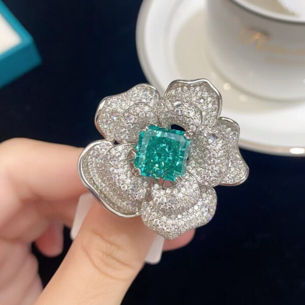 #167 Stylish and high-end floral design, square chamfered 10*10mm yellow ice flower cut high-carbon diamond ring - Image 8