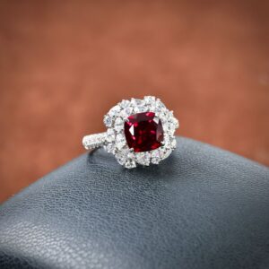 #136 S925 Silver Light Luxury Exquisite High-end 3-carat square cushion-shaped cultivated pigeon blood red gemstone ring
