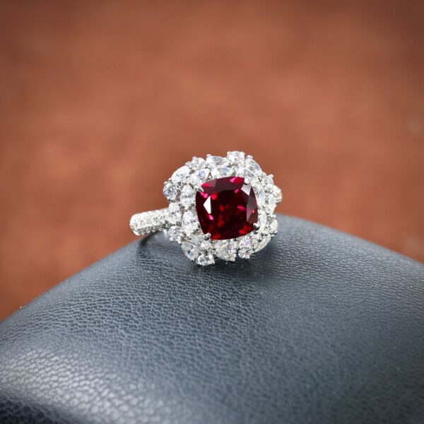 #136 S925 Silver Light Luxury Exquisite High-end 3-carat square cushion-shaped cultivated pigeon blood red gemstone ring