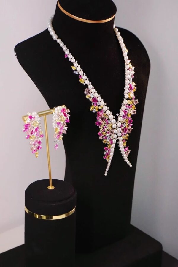 #102 925 Silver necklace and earrings with natural pearls and colored zircon - Image 7