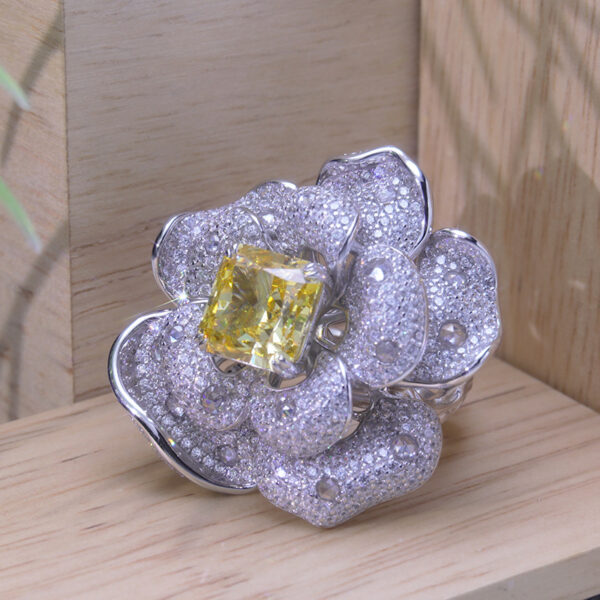 #167 Stylish and high-end floral design, square chamfered 10*10mm yellow ice flower cut high-carbon diamond ring - Image 5