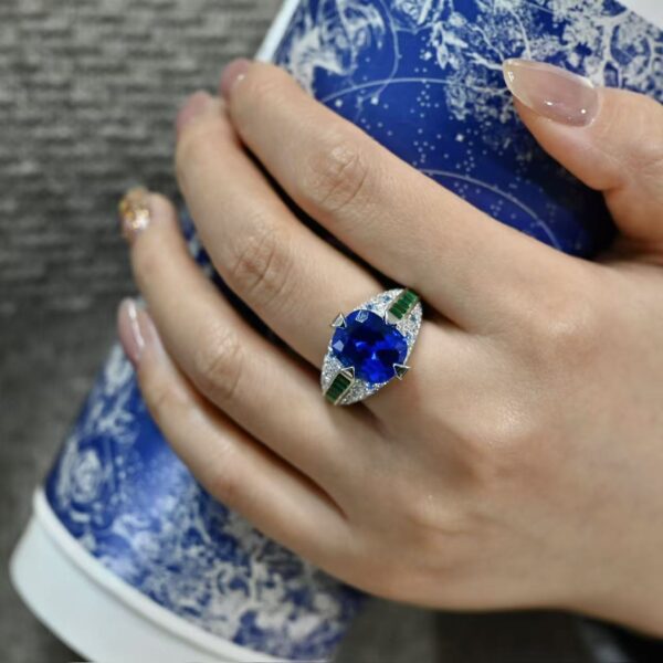 # 135 S925 Silver Light Luxury Exquisite High-end feel 9.45ct Grand set cultivated Kashmir Royal Sapphire ring - Image 4
