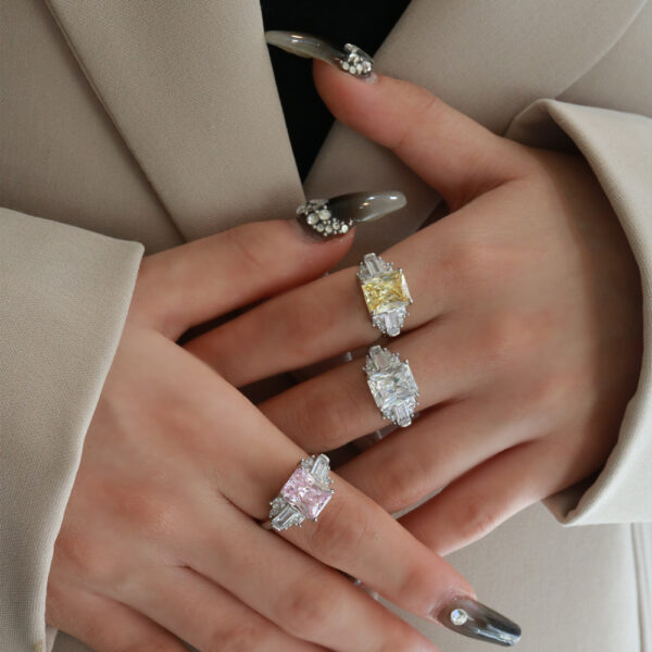 # 203 S925 Silver micro-set zircon 8*10 ice flower cut ring, high-carbon diamond square large diamond ring for girls - Image 7