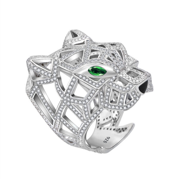 #204 S925 Silver micro-set zircon leopard head ring, an exaggerated and distinctive high-carbon diamond ring