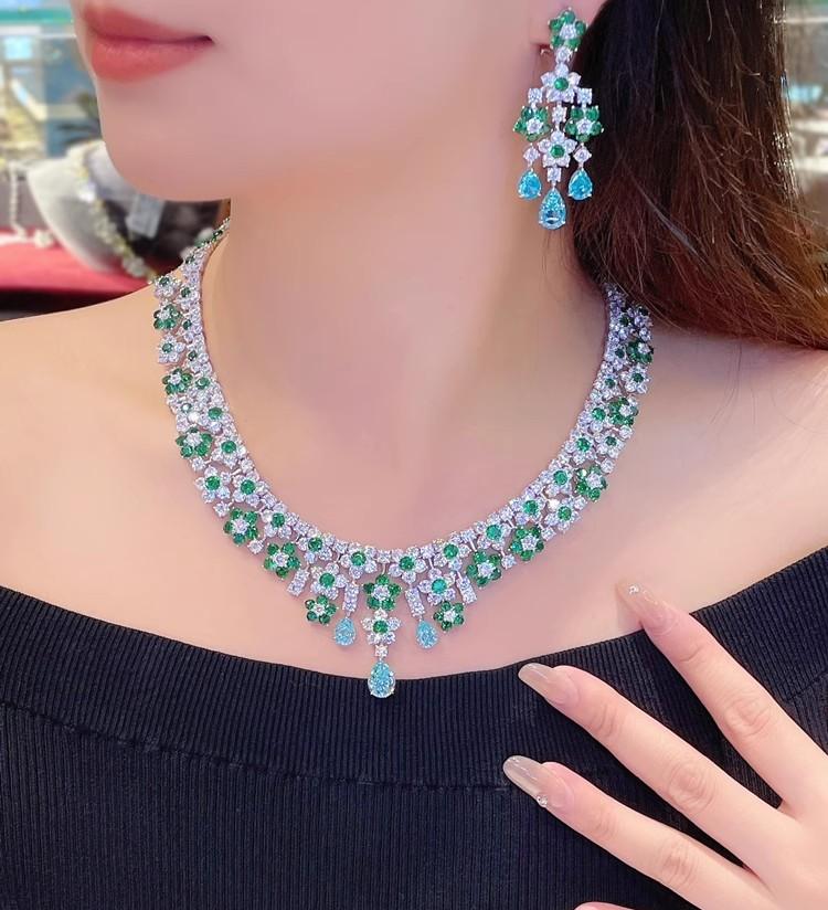#207 S925 silver-gold Bohemian-style luxury necklace and earrings set. Handcrafted with high-carat diamonds and aquamarine gemstones for a drop-shaped necklace. - Image 4