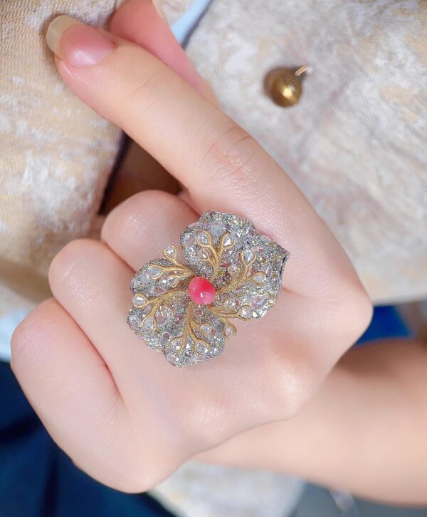 370#High end natural flamingo powder conch pearl hole bead ring with main stone of 0.96 carats, 18k gold with diamond, dys with jewelry certificate - Image 7