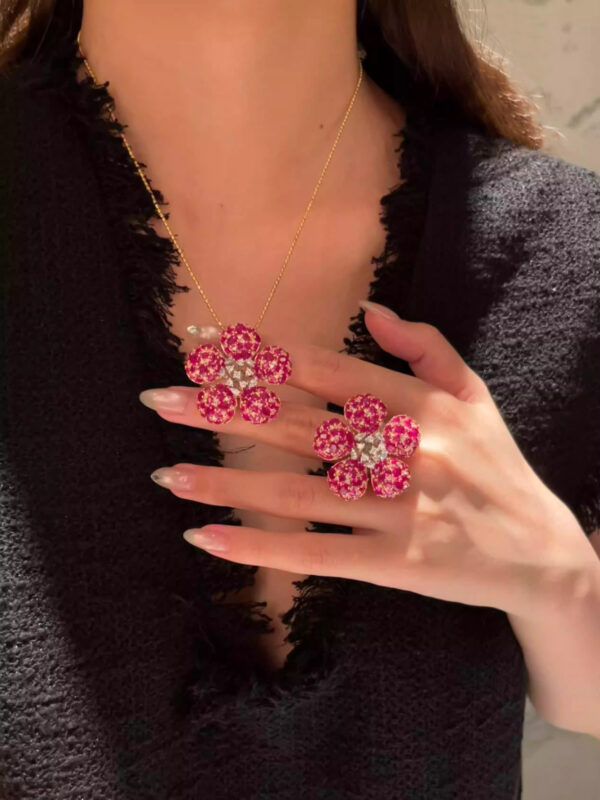 #290 S925 Silver Pink Flower Ring/Dangle Pendant Dual-Use Women's Ring (without chain) - Image 3