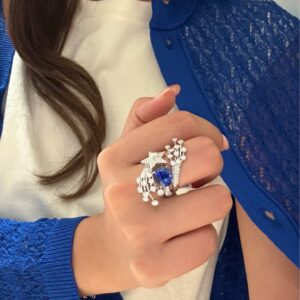 #308 S925 Silver High-Carbon Drill 3Ct Royal Blue Meteorite Ring
