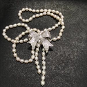 #118 7-8MM natural pearl sweater chain necklace, bow pearl necklace, 80CM length