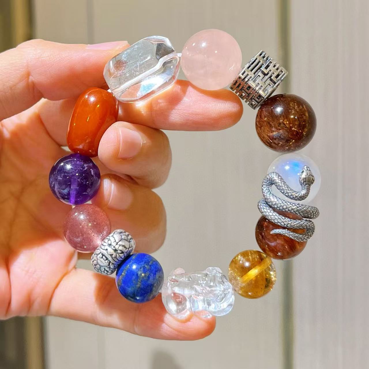 409#925 silver high-end custom-made natural powder crystal beeswax amethyst strawberry crystal lapis lazuli black gold super moonstone yellow crystal bracelet