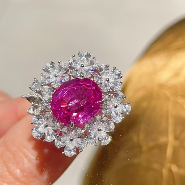 #161  925 silver gold-plated senior designer cultivates pink blue gemstone pigeon egg ring for female niche high-end light luxury style - Image 3