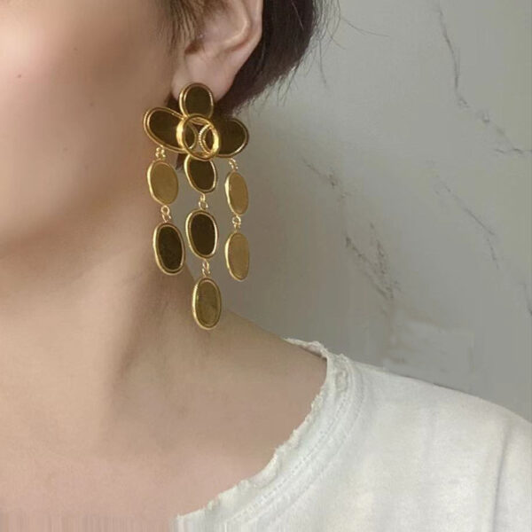 326#Fashionable oval tassel earrings 925 silver needle brass plated 24k gold designer round tassel high-end earrings - Image 3