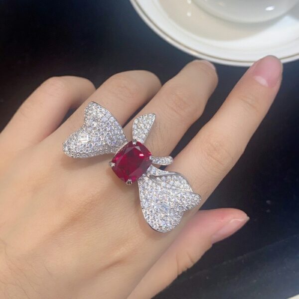 #152 S925 Silver Light Luxury Exquisite High-end Cultivated ruby Bow 6-carat ring for women - Image 3