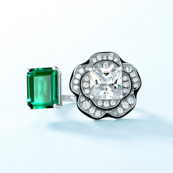 383#2.22 carat new geometric shape cultivated emerald green ring S925 silver plated 14k gold full inlaid colorful treasure flower finger ring European and American fashion light luxury - Image 3