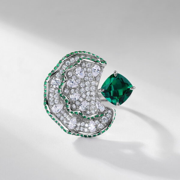384#2.2 carat new geometric shape cultivated emerald green ring S925 silver plated 14k gold full inlaid colorful treasure flower finger ring European and American fashion light luxury - Image 2