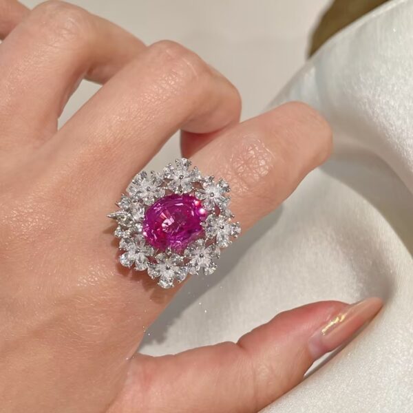 #161  925 silver gold-plated senior designer cultivates pink blue gemstone pigeon egg ring for female niche high-end light luxury style - Image 4