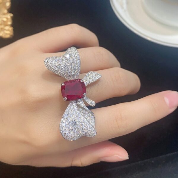 #152 S925 Silver Light Luxury Exquisite High-end Cultivated ruby Bow 6-carat ring for women - Image 4
