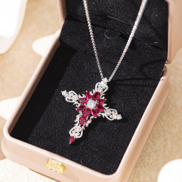 362#Cultivate ruby cross pendant S925 silver European and American minimalist high-end necklace spot wholesale - Image 4