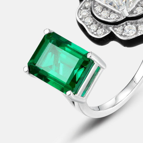 383#2.22 carat new geometric shape cultivated emerald green ring S925 silver plated 14k gold full inlaid colorful treasure flower finger ring European and American fashion light luxury - Image 2