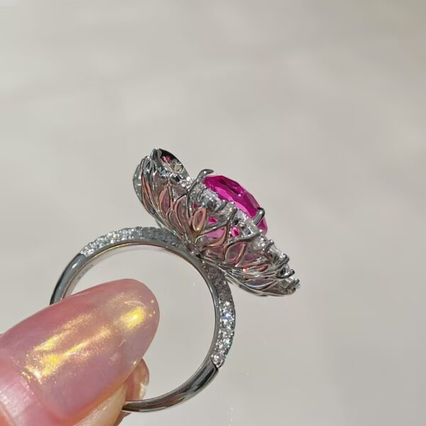 #161  925 silver gold-plated senior designer cultivates pink blue gemstone pigeon egg ring for female niche high-end light luxury style - Image 5