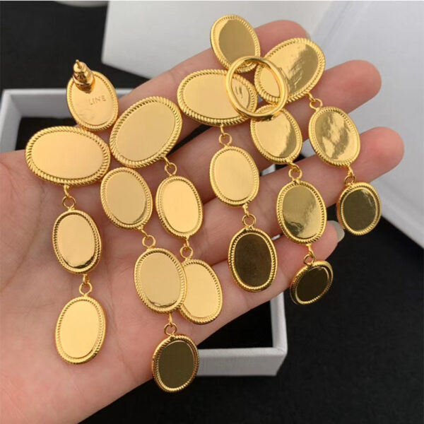 326#Fashionable oval tassel earrings 925 silver needle brass plated 24k gold designer round tassel high-end earrings - Image 5