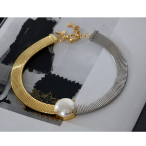 349#European and American fashion trend brand big pearl elastic gold silver splicing necklace collar simple personality light luxury