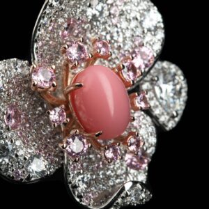 351#925 silver plated 14k gold ring with high carbon diamond, pink conch pearl, egg shaped flower, luxurious and versatile jewelry for girls
