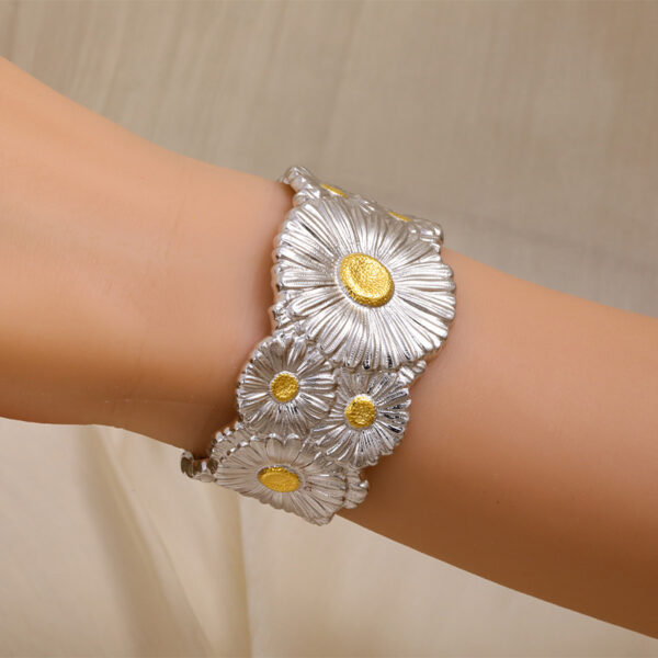391#Italian 925 Silver Daisy Bracelet New Light Luxury Brushed Wide Edition Bracelet - Image 4