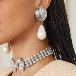 437#New AR Advanced Light Luxury Earclip with Pearl Flower Crystal Design, Simple and Elegant Water Drop Female Earrings