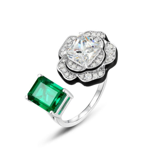 383#2.22 carat new geometric shape cultivated emerald green ring S925 silver plated 14k gold full inlaid colorful treasure flower finger ring European and American fashion light luxury