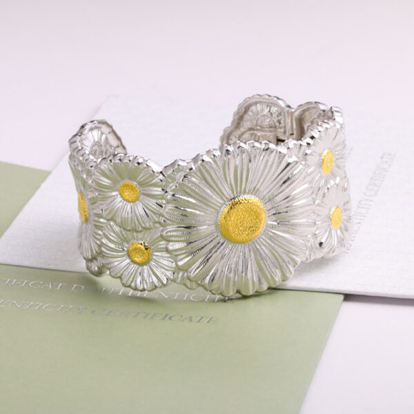 391#Italian 925 Silver Daisy Bracelet New Light Luxury Brushed Wide Edition Bracelet - Image 6