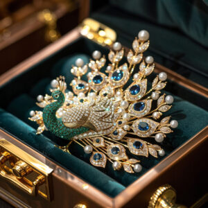 333#Luxurious jewelry style with dazzling high carbon diamonds, natural pearls, and peacock design brooch