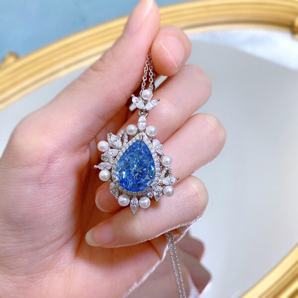 #281 S925 silver pear-shaped 11*15mm aquamarine high-carbon diamond teardrop pendant women's necklace - Image 5