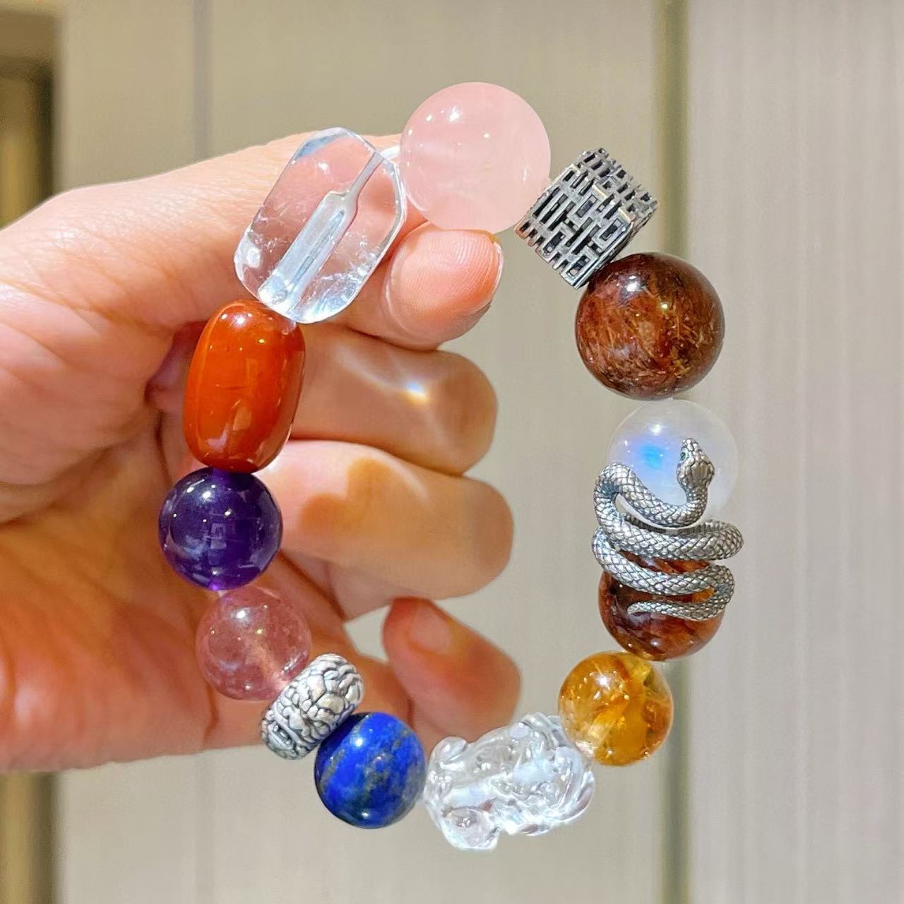 409#925 silver high-end custom-made natural powder crystal beeswax amethyst strawberry crystal lapis lazuli black gold super moonstone yellow crystal bracelet - Image 9