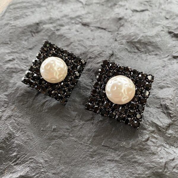 343#European and American retro geometric square black diamond ear clip medieval vintage personalized pearl versatile earrings - Image 5