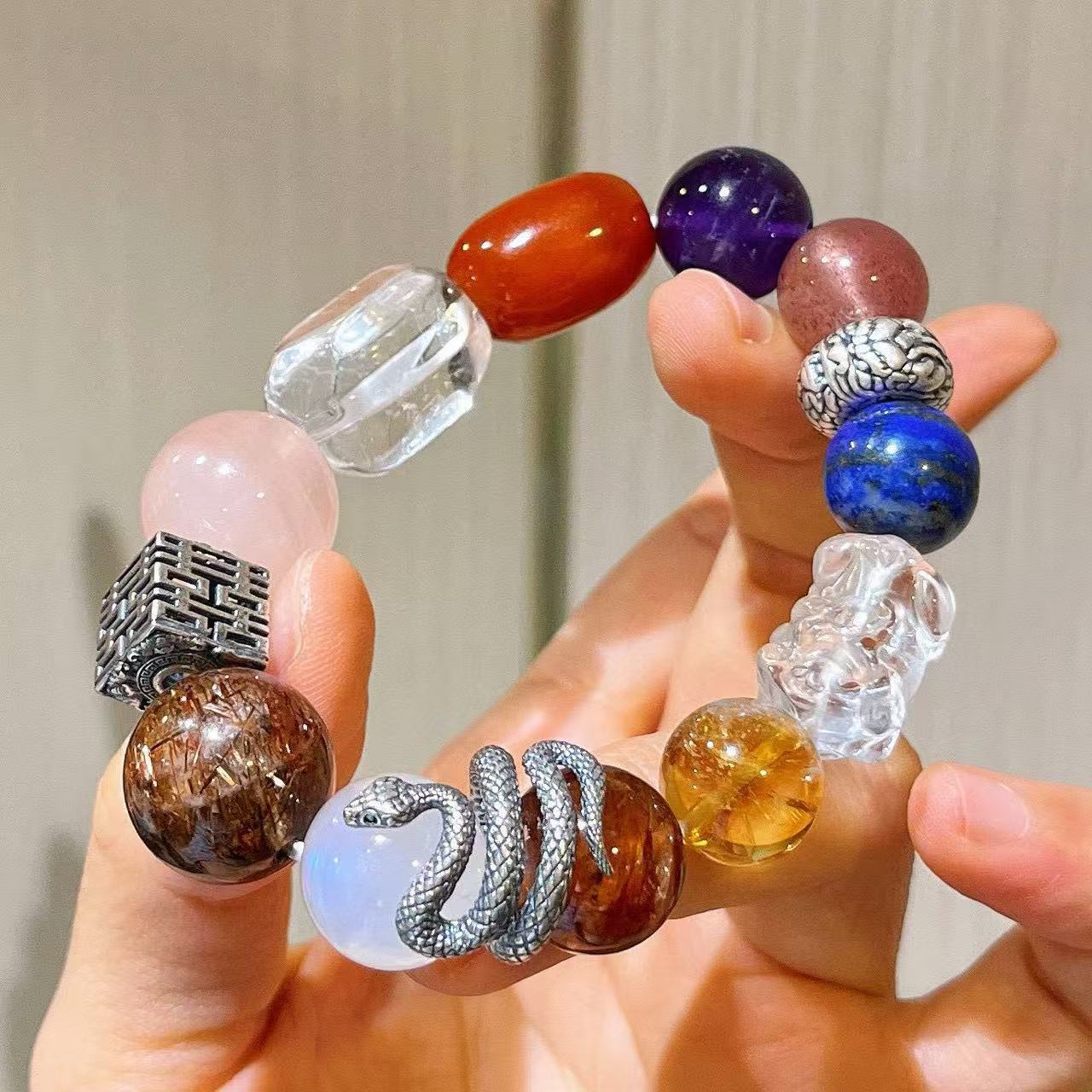 409#925 silver high-end custom-made natural powder crystal beeswax amethyst strawberry crystal lapis lazuli black gold super moonstone yellow crystal bracelet - Image 8